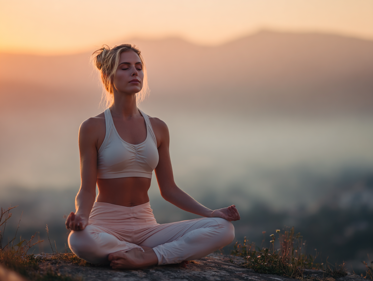 Persona che pratica yoga all'alba